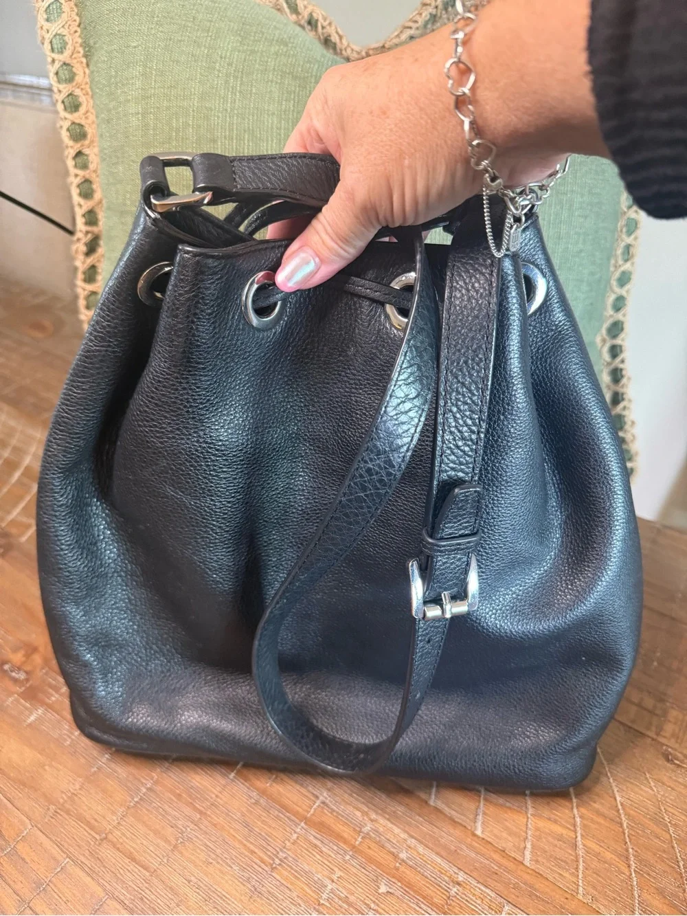 Michael Kors Jules Black Pebbled Leather Drawstring Bucket Bag Silver